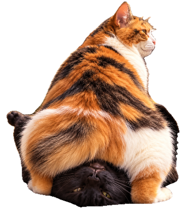 A round calico cat sitting squarely on top of a black cat lying on its back